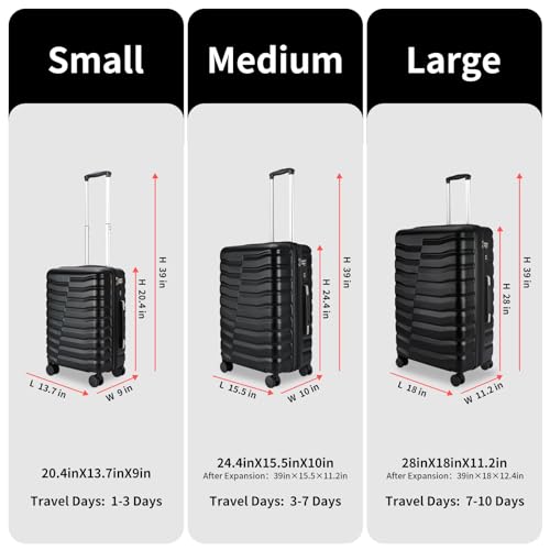 WireHot Lightweight Luggage with Spinner Wheels & YKK Zipper, Hard Shell 3-Piece Suitcase ABS+PC Hardside Luggage Set with TSA Lock for Men Travel, Black (20+24+28 inch)