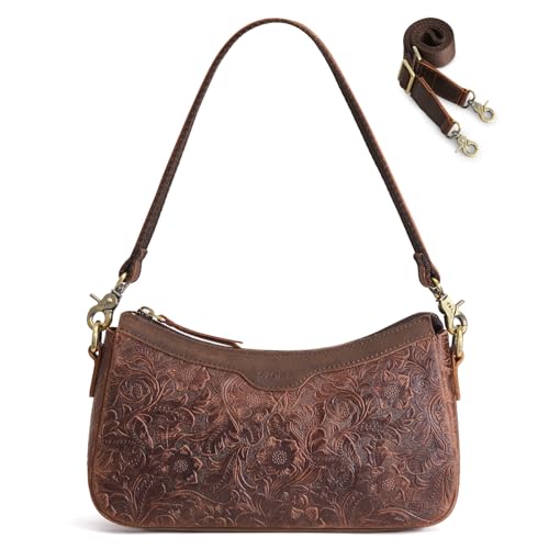 S-ZONE Leather Shoulder Bag for Women Small Crossbody Bags Hobo Purses with 2 Straps (Rose Pattern Dark Brown)
