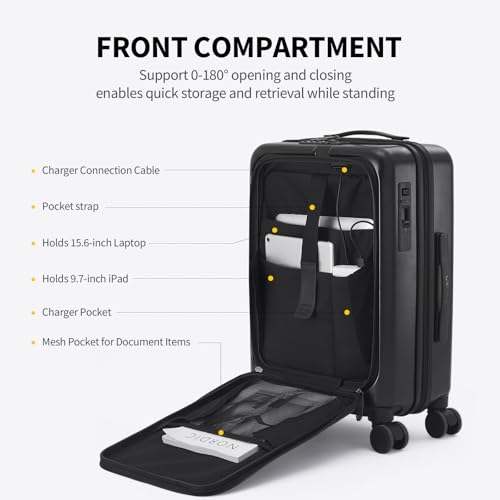 OIWAS Carry On Luggage with Cup Holder, Top Opening Carry On Suitcase with USB Port, Phone Holder, One-Click Brake, Top Lid Opening Hardside Luggage for Travel, Business Trip, Black