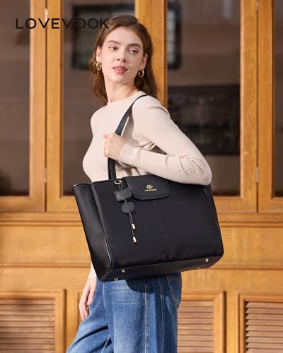 LOVEVOOK Laptop Tote Bag for Women,Nylon Work Totes with 15.6 Inch Laptop Compartments, Lightweight Fashion Purse with Large Cup Holder,Travel Tote with Luggage Straps