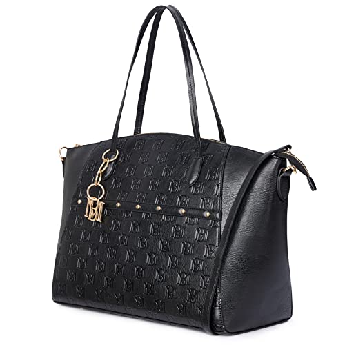 Badgley Mischka Caroline Weekender Travel Bag for Women, Vegan Leather Duffel Tote with Trolley Sleeve, Monogram Design, Carry On Overnight Bag (Black)