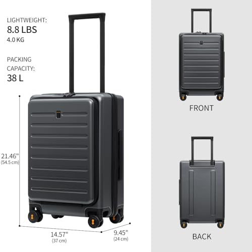 LEVEL8 Road Runner Carry On Luggage with Front Compartment, 20 Inch Lightweight Hard Shell Suitcases with Wheels Airline Approved, Tsa Locks for Luggage, Grey,21.46" x 14.57" x 9.45"