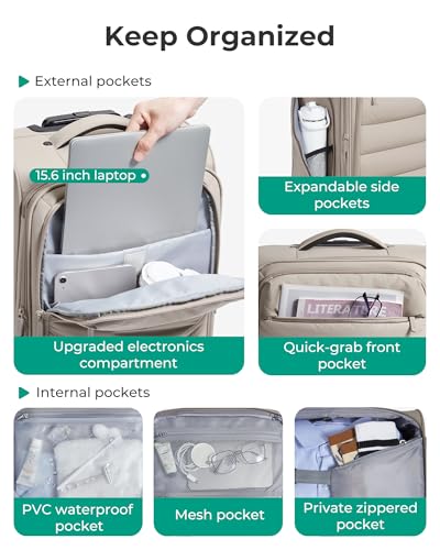 BAGSMART Carry On Luggage 22x14x9 Airline Approved, 20 Inch Soft Suitcase with Wheels, Lightweight Spinner Carry on Suitcase with PVC Wet/Dry Pockets for Short Trip, Camel