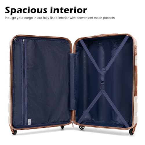 Coolife Luggage 3 Piece Set, Lightweight Durable Hardshell Suitcase set with 360° Spinner Wheels, TSA-approved Lock, Checked Family Travel Luggage sets, 20/24/28 Inch, Apricot White