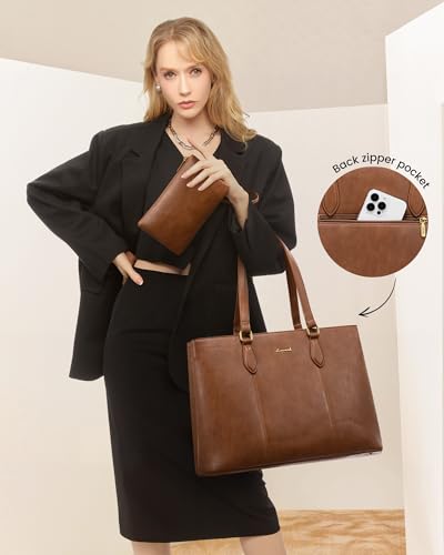 LOVEVOOK Laptop Tote Bag for Women, 15.6 Inch Vintage PU Leather Work Bag with Wristlet, Professional Computer Briefcase for Teacher,Office, Daily (Brown)