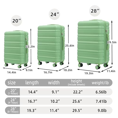 Hardshell Luggage Sets, Lightweight Stripes Suitcases with Spinner Wheels, Green-181