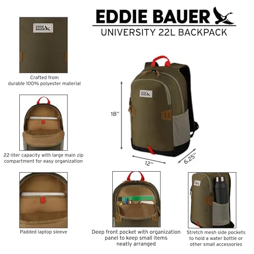 Eddie Bauer University Backpack 22L | Everyday Carry | Work | Travel | Commuter | Padded Laptop Sleeve | Stretch Bottle Pockets | Lightweight | Durable - Black