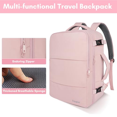 Taygeer Travel Backpack for Women, Carry On Backpack with Water Bottle Pocket & Shoe Pouch, TSA 15.6inch Laptop Mochila Flight Approved, Nurse Bag Casual Daypack for Weekender Business Hiking, Pink