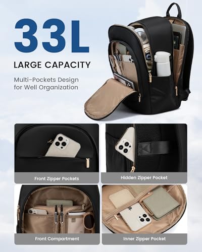LOVEVOOK Travel Backpack for Women, 17.3 Laptop Backpack Women w/Large Tumbler Pockets, Water Resistant College Bookbag, Large Capacity Black Computer Backpacks for Work, Black