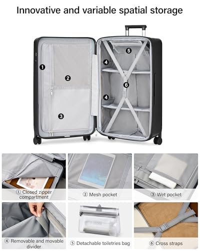 Hanke 24 Inch Plus Expandable Luggage Large Suitcases with Wheels, Medium Checked Luggage Hard Shell Suitcases, PC Trunk Luggage Extra Large Suitcase with Lock for Women Men(Jet Black)