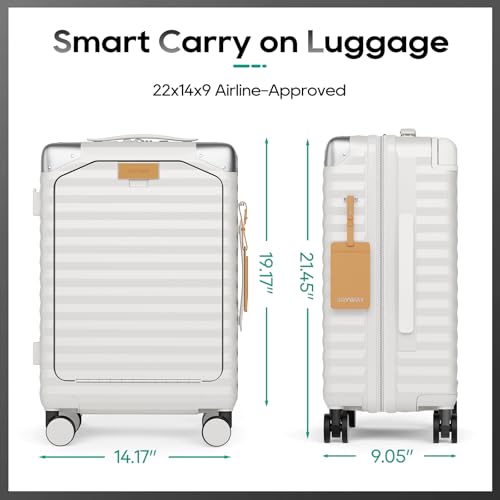 Joyway 20 Inch Carry on Luggage with Front Pocket, PC Hardshell Carry-on Suitcase with USB Port and Cup Holder, 21.5x14.2x9 Airline Approved, Luggage with Spinner Wheels and TSA Lock (White)