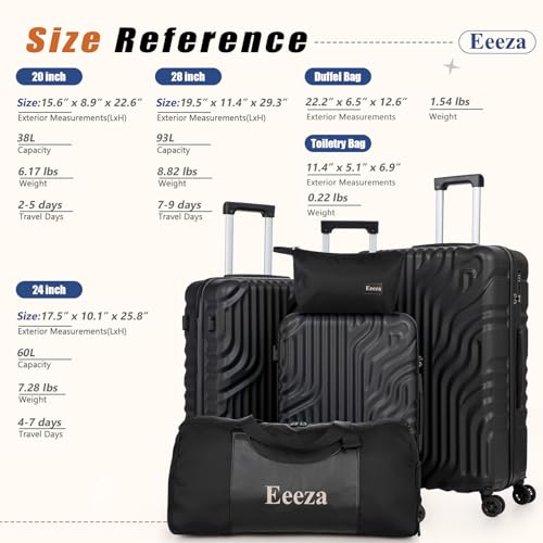 Eeeza Luggage Sets 5 Piece Suitcase with ABS Hard Shell Lightweight Combination Lock and Double Rotatable Detachable Wheels(Black,20"/24"/28"/DB/TB)