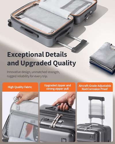 ISLAND ELEPHANT 20IN Carry On Luggage Airline Approved - Expandable Hardside Suitcase with 16" Laptop Compartment, Cup Holder, Phone Mount, USB Port,TSA Lock, 360°Spinner Wheels (Grey)