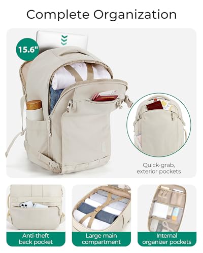 BAGSMART Travel Backpack Women, 15.6 Inch Carry On Backpack Flight Approved, TSA Approved Personal Item Travel Bag, Water Resistant Weekender Bag Luggage Daypack, Beige