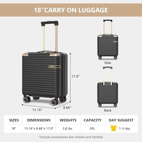 Joyway Carry on Luggage Airline Approved with TSA Lock, Hard Shell 18 Inch Travel Carry-on Suitcase with Spinner Wheels (Black, 18 Inch Luggage)