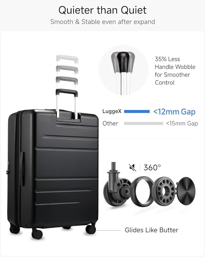 LUGGEX Checked Suitcase with Spinner Wheels, FLO5 Top Opening Expandable Polycarbonate Hard Shell Suitcase with TSA Approved Lock (FX-Core, Black, 28 Inch)