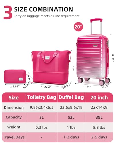 LARVENDER Carry on Luggage 22x14x9 Airline Approved, 20 Inch Hardside Suitcase with Wheels TSA Lock, PC+ABS Lightweight Travel Luggage Sets for Women, Berry Sparkling, 3 Piece Set