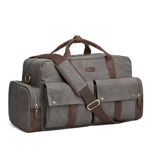 S-ZONE Unisex 56L Duffle Bag Canvas Travel Bag Carry on Leather Trim Overnight Weekender Bag Sports Bag for Travel Weekend Holiday, Grey
