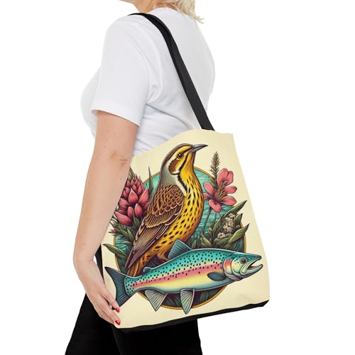 Premium Montana Inspired Tote Bag - Bitterroot, Western Meadowlark, Cutthroat Trout with Reinforced Stitching