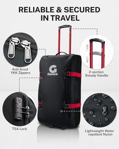 Gonex Rolling Duffle Bag with Wheels, Water-repellent 90L Nylon Large Wheeled Travel Duffel Luggage with TSA Lock & Telescopic Handle 30 inch, Black & Red