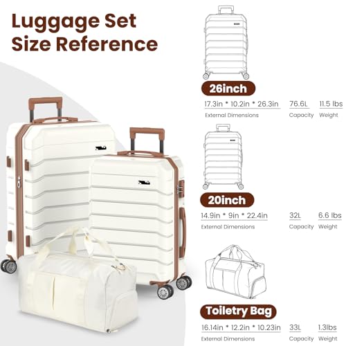 ExoRoute Luggage Sets 3 Piece, Hardside Carry On Suitcase with Spinner Wheels, Lightweight Durable Luggage for Travel | TSA Lock, Expandable Suitcase Set for Men and Women（20/26in） (White)