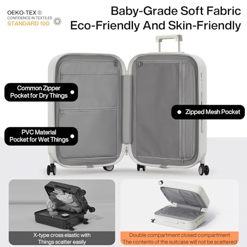 mixi Checked Luggage with Cup Phone Holder Hard Shell Rolling Travel Suitcase with Spinner Wheels,24 Inch Smoke White