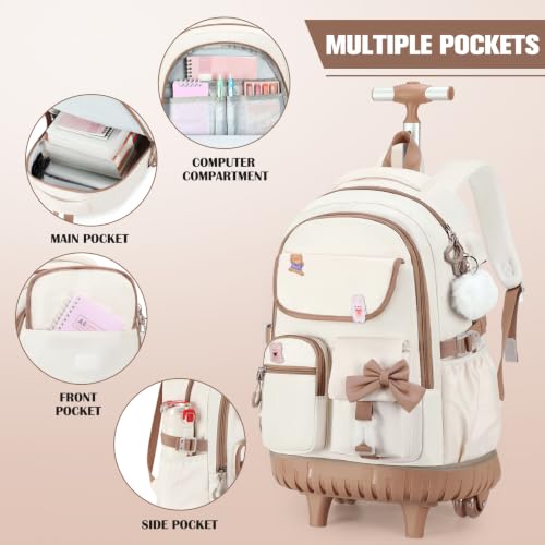 ACESAK Rolling Backpack for Girls - Roller Wheels School bag with Lunch Bag & Pencil Pouch for Teen Girls Kids Wheeled Suitcase Backpacks, Elementary Middle School Travel Daypack(Beige Khaki)