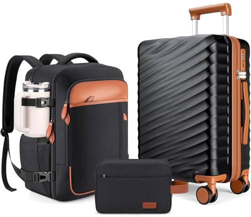 Velaybor 3 Piece Luggage Set with Travel Backpack, 20” PC Hardside Suitcase with Spinner Wheels, Flight Approved Carry On Luggage with YKK Zippers & TSA Lock
