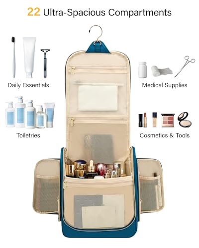 Hanke Hanging Travel Toiletry Bag for Men and Women, Water-Resistant Toiletries Bag Makeup Organizer with Hook, Cosmetic Bag for Bathroom & Travel Essentials Accessories, Navy Blue