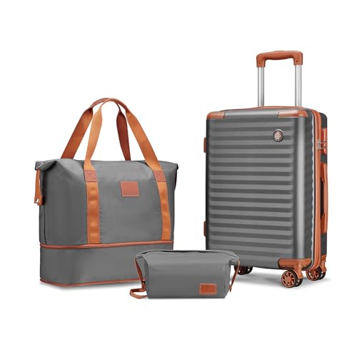 Joyway Carry on Luggage Sets 3 Piece with Spinner Wheels,Hardside 20 Inch Carry-on Suitcase 22x14x9 Airline Approved with Combination Lock, Grey Brown