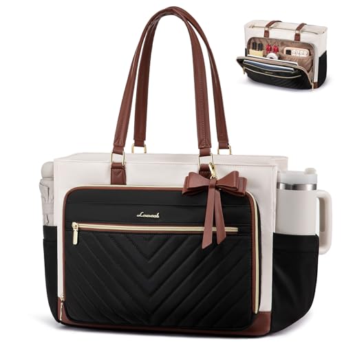 LOVEVOOK 17 Inch Laptop Tote Bag for Women, Teacher Nurse Work Tote Bags with Large Cup Holder & Multi-Pockets for Office Travel College, Computer handbags Quilted Diaper Bag Gifts, Beige-black-brown