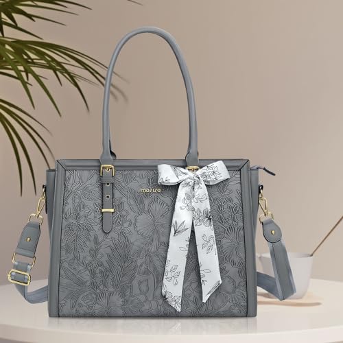 MOSISO Laptop Bag for Women, 15.6-16 inch PU Leather Tote Bag Compatible with MacBook, HP, Dell, Asus Notebook, Front Embossed Retro Hibiscus Computer Bags with Silk Scarf&Clutch Purse, Gray