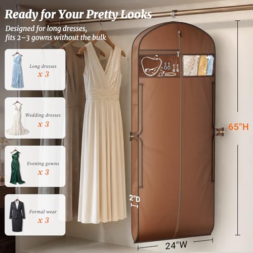 MISSLO 65" Garment Bags for Travel for Women with Loackabe-Self Zipper Waterproof Dress Bags for Gowns Long with Accessories Pockets Wedding Dress Bag Garment Covers for Hanging Clothes, Brown