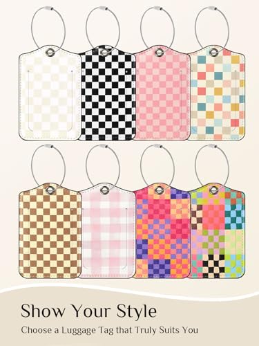 Seorsok 2Pcs Luggage Travel Tags for Suitcases,Cute Color Grids Checkered PU Leather Name Tag with Privacy Cover&ID Label Address Card and Durable Metal Ring Suitable for Men Women Handbags Backpack