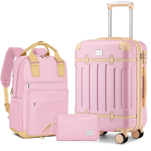 LARVENDER Luggage Sets 3 Piece Expandable Carry on Luggage 22x14x9 Airline Approved Hardshell Suitcase with Wheels TSA Lock, Lightweight Suitcase Set for Women with Travel Backpack, Light Pink