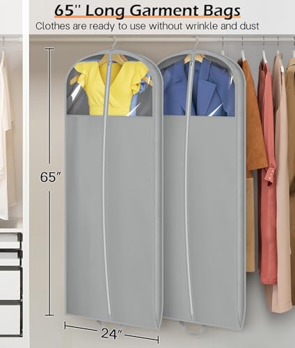 MISSLO 65" Foldable Garment Bags for Hanging Clothes Travel Waterproof Dress Bags for Gowns Long for Closet Storage Dress Protector Bag for Gowns, Suits, Coats, Grey, 2 Packs