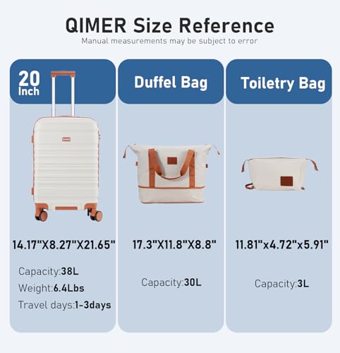 QIMER Carry on Luggage Set, 22x14x9 airline approved 100% PC hardshell, Lightweight TSA Locks Quiet Spinner Wheels Durable Zipper, Travel Luggage for Men Women, Y02 Beige (20"/DB/TB) Slightly Small