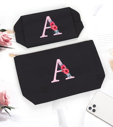 sevelly A-Z Personalized Makeup Bag 2 PCS, Birthday Gifts for Women Mom, Gifts for Best Friend, Bride Bridesmaid Cosmetic bag (A)