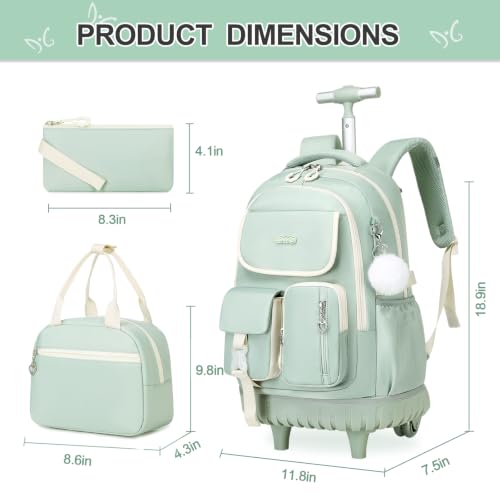 DIGOBAY Rolling Backpack for Girls, Girls Roller Backpack with Lunch Bag and Pencil Case, School Bookbag with Wheels for Elementary Middle High School Travel, Green