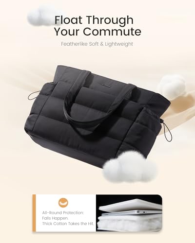 LOVEVOOK Tote Bag for Women with Giant Tumbler Holder Pocket, Puffer Work Travel Handbag with Zipper for Nurse Teacher, Quilted Cute Laptop Shoulder Purse with Compartments for Office Gym, Black