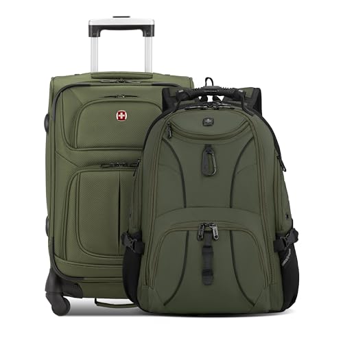 SWISSGEAR Sion 2-Piece Travel Set, Softside Expandable Carry-On Spinner Bundled with 1900 ScanSmart 17" Laptop Backpack with RFID Blocking & Tech Organization, Evergreen