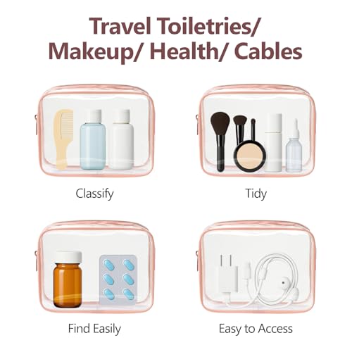 PACKISM TSA Approved Toiletry Bag - Clear Makeup Bag 3 Pack Medium, Metal Smooth Zipper Quart Size Bag for 3-1-1 Liquids, Travel Makeup Bag for Women Men, Airport Airline Compliant Bag, Rose Pink