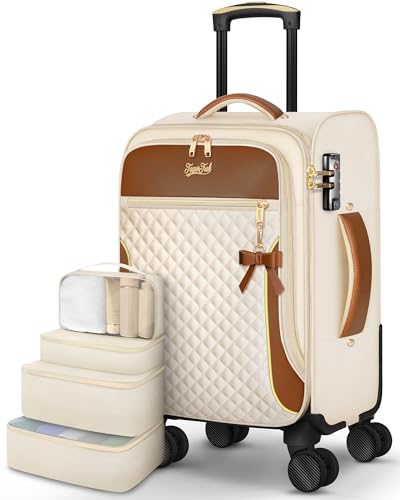 Carry On Luggage 22x14x9 Airline Approved, 20 Inch Softside Suitcase with 4 Pcs, Lightweight Luggage for Women with TSA Lock and 4 Spinner Wheels, Soft Side Carry-on Suitcases for Travel, Beige
