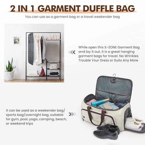 S-ZONE Carry On Garment Bag for Travel Convertible Garment Duffle Suit Bags for Men Women 2 in 1 Hanging Suitcase Business 50L