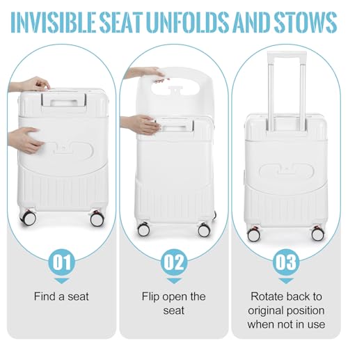 Bulyoou Carry on Luggage with Seat for Kids Expandable Ride on Suitcase with Spinner Wheels and Locks for Travel (20 Inch,White)