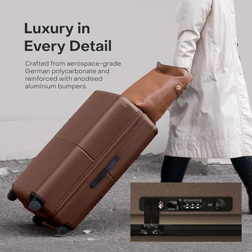 July Checked Plus with CaseSafe - 28.75" Built in Tracking, Airline Approved Check In Luggage with Wheels, Rolling Suitcase for Men & Women - Silent Spinner Wheels, Y-Strap - Dark Brown