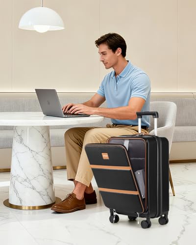 Joyway Carry on Luggage Airline Approved with Front Pocket, Hardside 20 Inch Travel Luggages with Cup Holder, Carry-on Suitcase with Leather Handbag