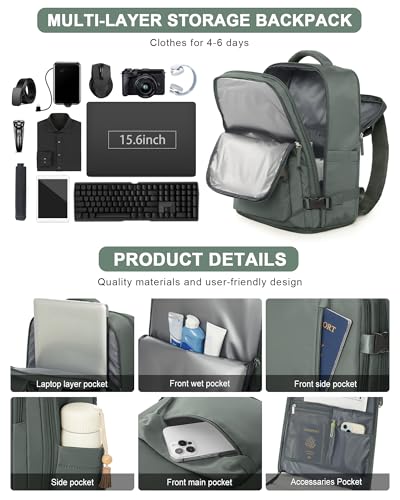 VGCUB Carry on Travel Backpack for Women Men Large Laptop Gym Work Frontier Airlines Personal Item Bag Business Airport Lightweight Backpack Flight Approved Mochilas de Viaje Green
