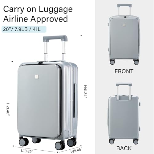 Hanke Grace Hard Shell Suitcases with Wheels,20 Inch Carry On Luggage Airline Approved with Aluminum Frame, Travel suitcase with Front Pocket Travel Luggage for Short Business Trips, Grey.