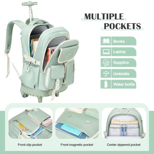 DIGOBAY Rolling Backpack for Girls, Girls Roller Backpack with Lunch Bag and Pencil Case, School Bookbag with Wheels for Elementary Middle High School Travel, Green